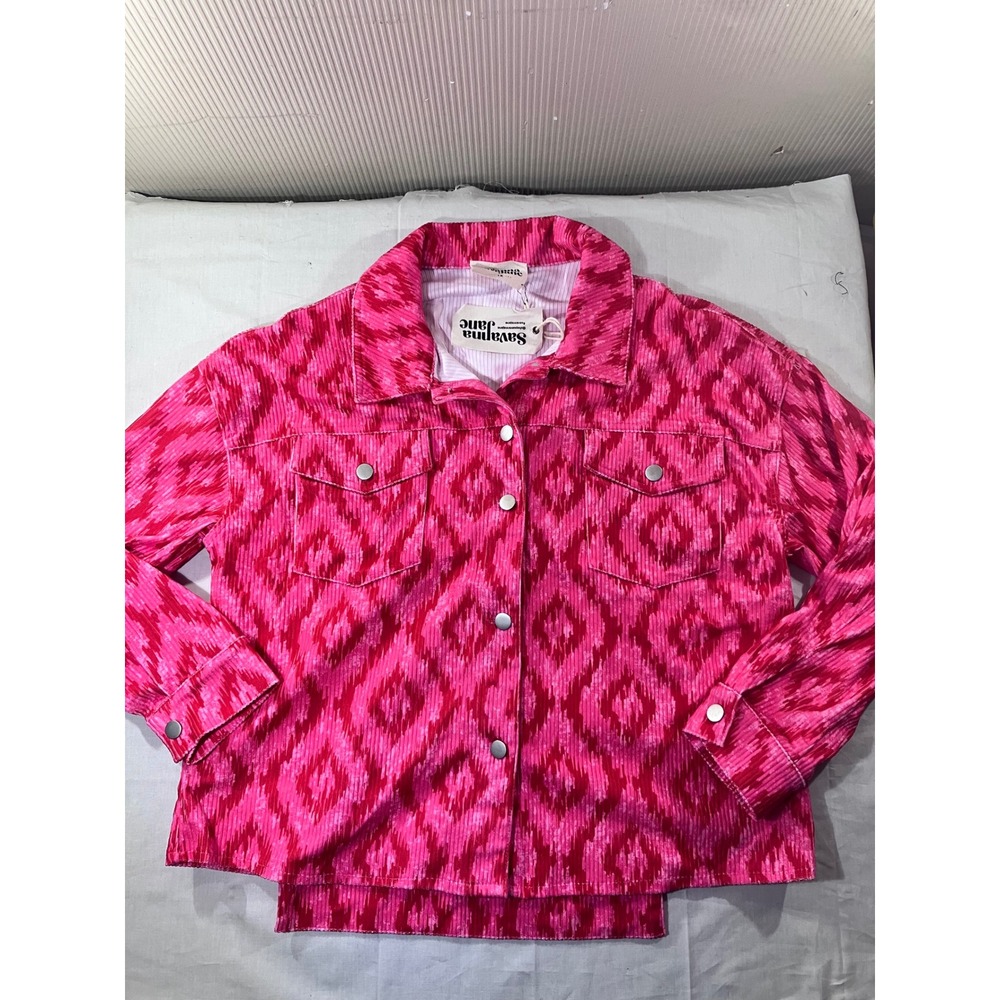 Savanna Jane 1X Pink Ikat Corduroy Trucker Jacket Women's Button Up